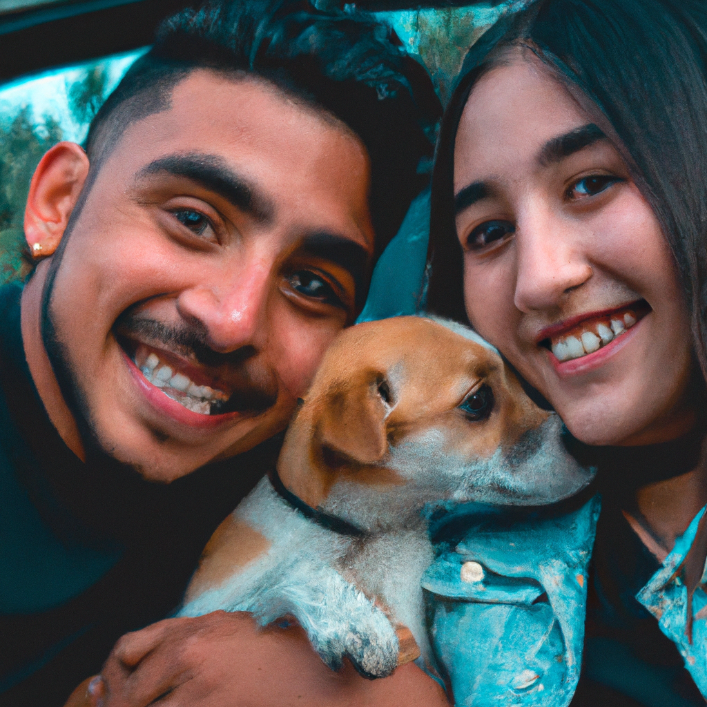 Ponme una fotografía en plano medio de un chico y una chica con un perro entre ellos