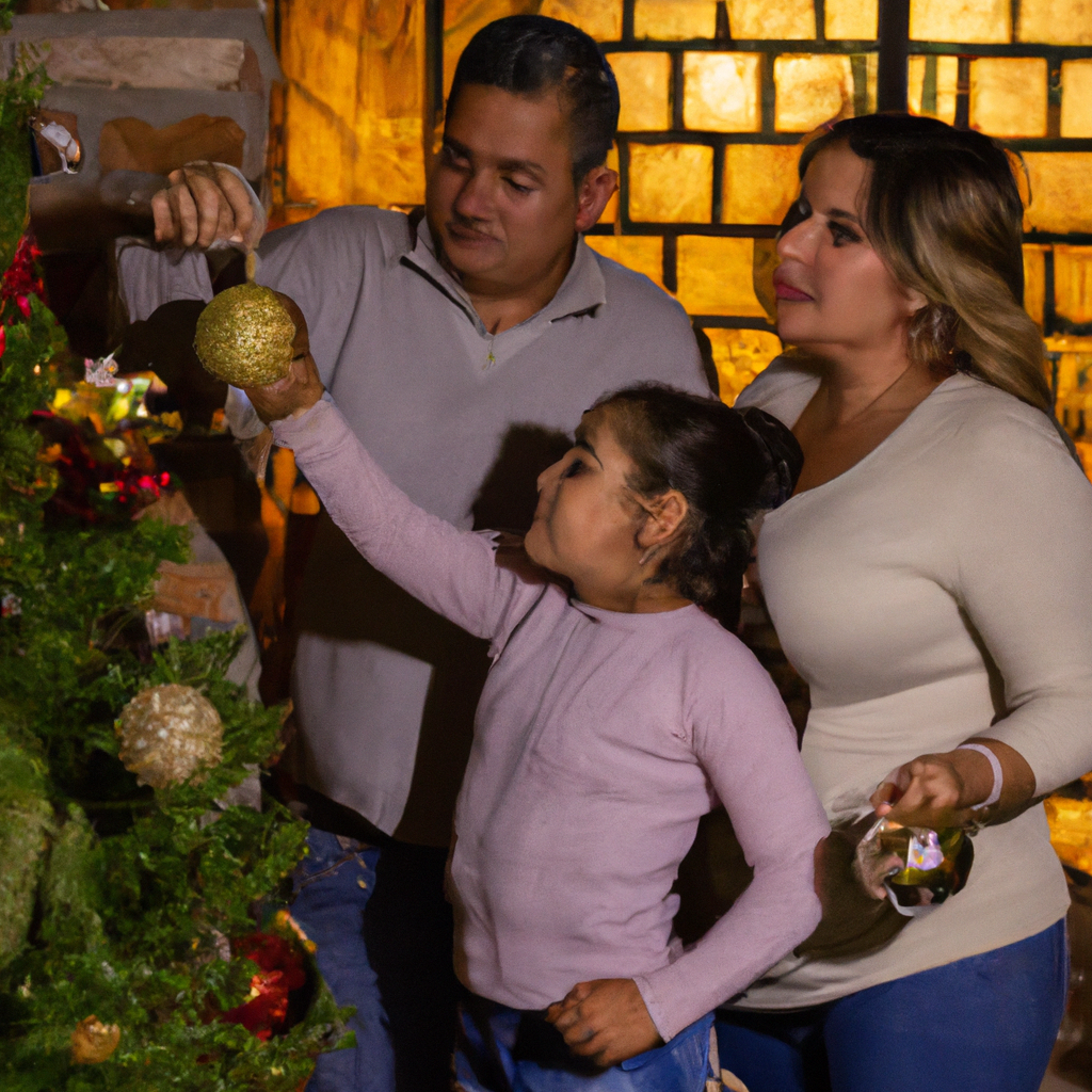 Genera una fotografía con 3 personas, un hombre una mujer y su hija. La hija está colocando una bola al arbol de navidad. El ambiente es navideño