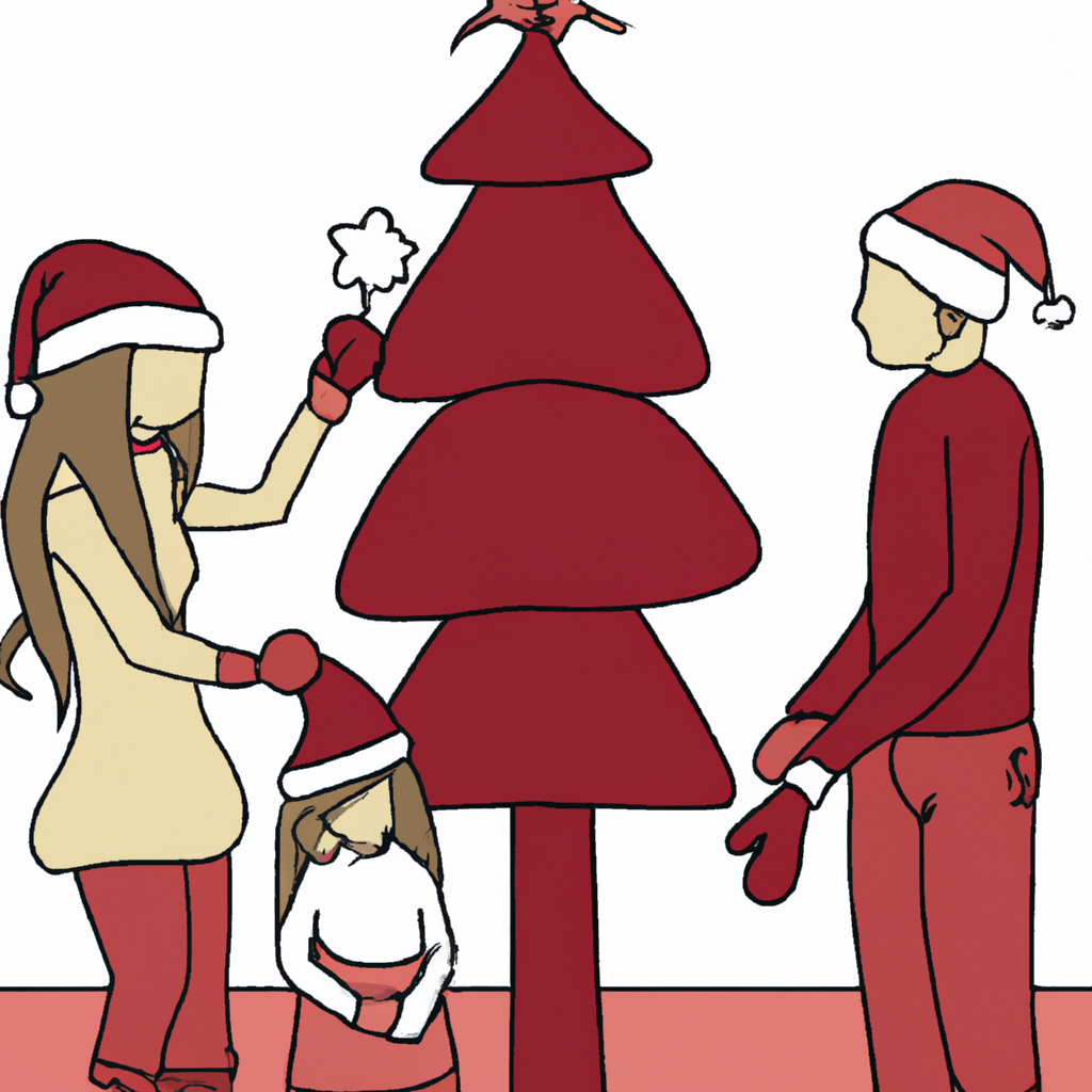 Tres personajes; mujer, un hombre y una niña. Los 3 están con un gorro de navidad y la niña está decorando el árbol de navidad.