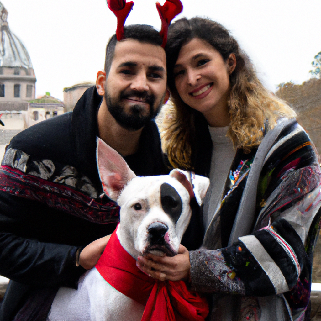 Crea una fotografía real de una pareja con un perro posando para una foto en roma. La mujer lleva una diadema de reno y un jersey blanco de cuello blanco, el perro lleva un lazo rojo de rayas y el hombre tiene un jersey gris 