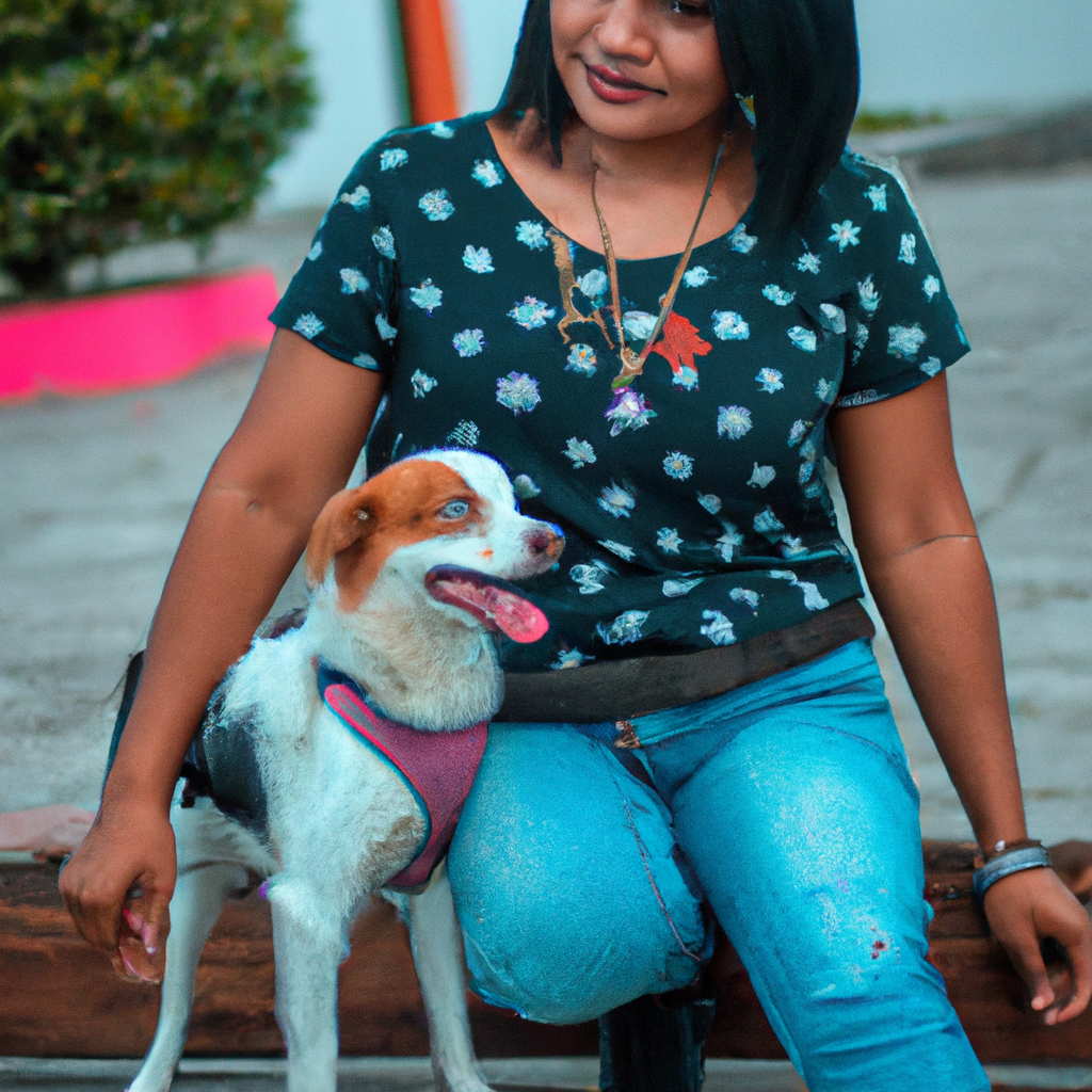 genera una fotografia de 2 personas con un perro en el centro