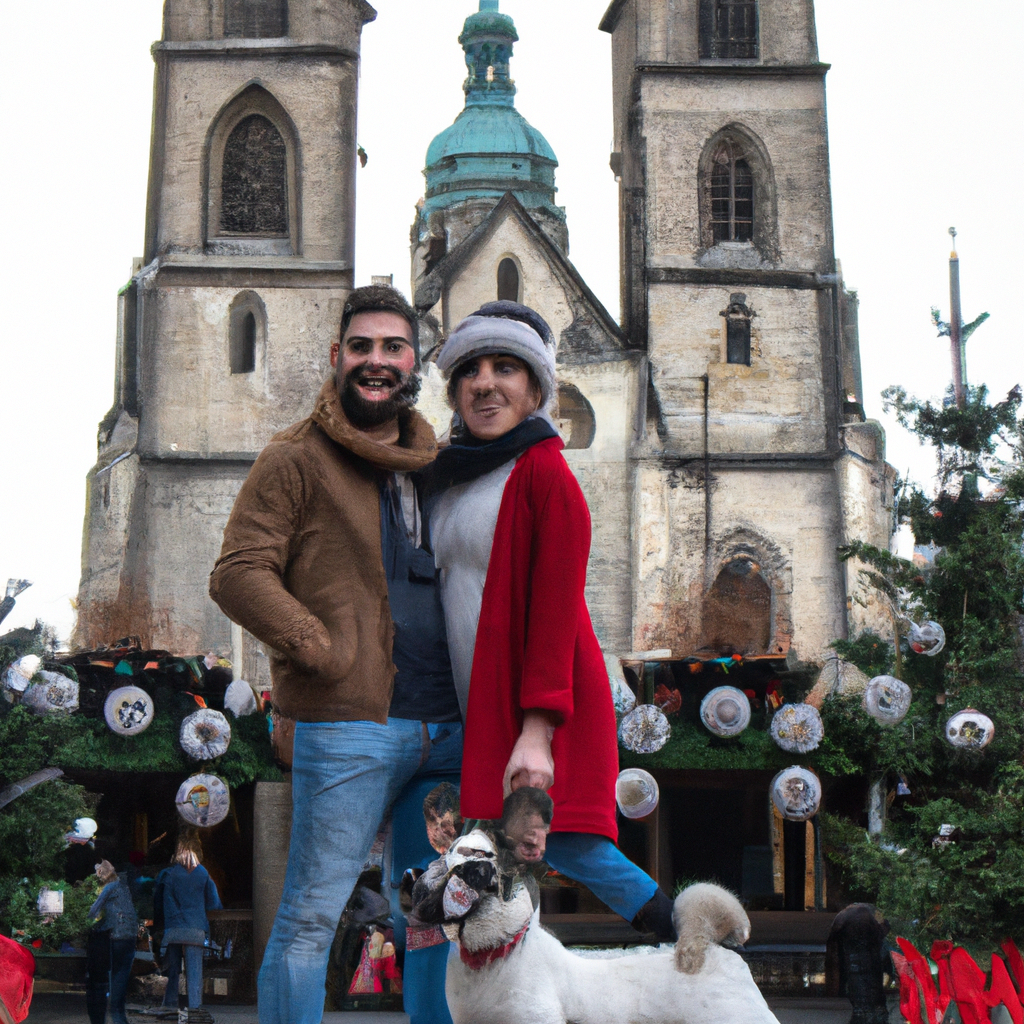 a young couple with a dog with a Christmas theme. there is an European church in the background and some tourists walking 