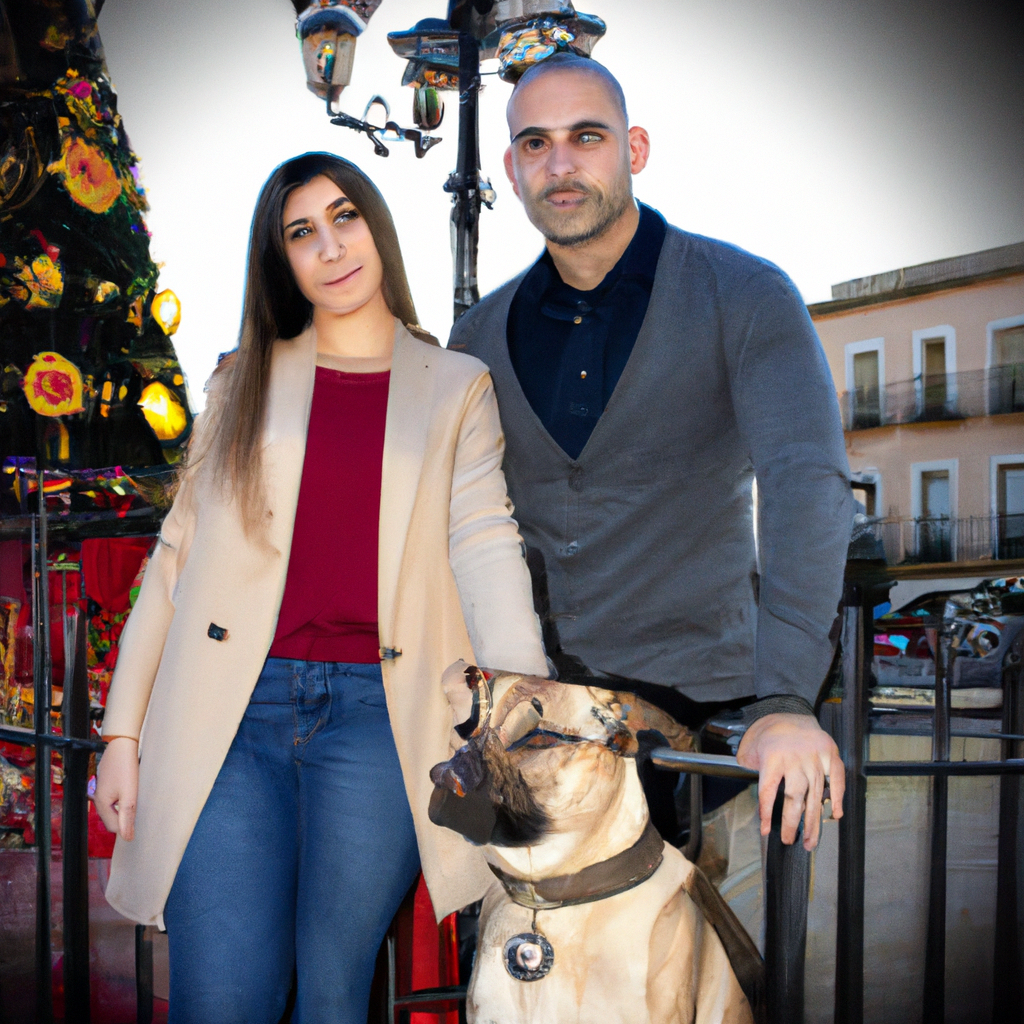 una imagen con un hombre, mujer y un  perro en estilo navideño. detrás una plaza.