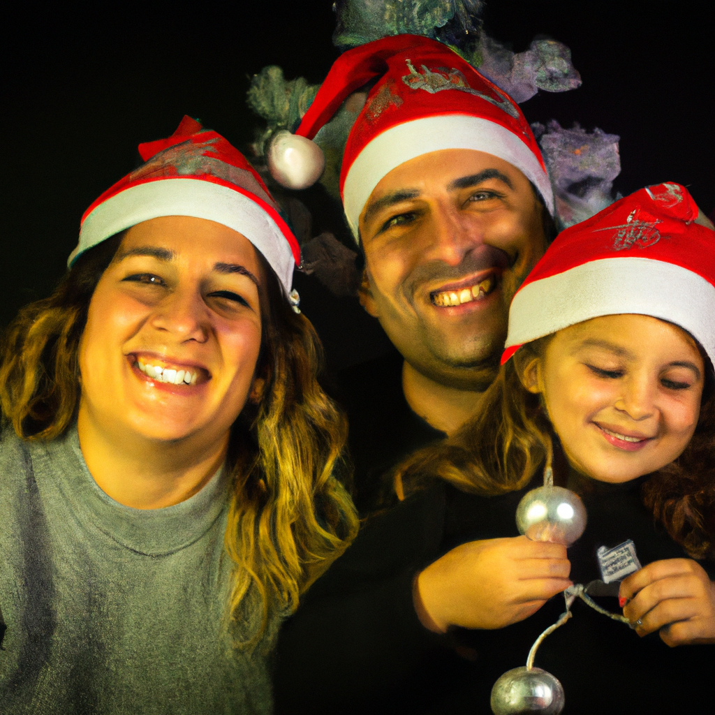 Il contesto dell’immagine è una famiglia compagna da un papà, una mamma e una bambina durante la decorazione di un albero di Natale. Tutti e tre indossano un cappello natalizio e sorridono