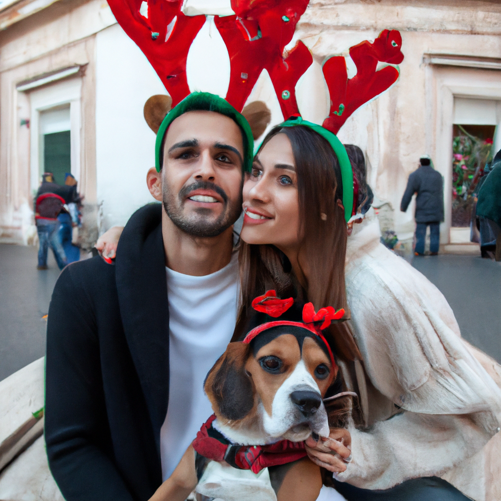 a lovely young couple wearing warm sweaters, in between them there is a beagle dog, she has a rudolf reindeer antler headband accessory, background is christmas, located at rome's spanish steps